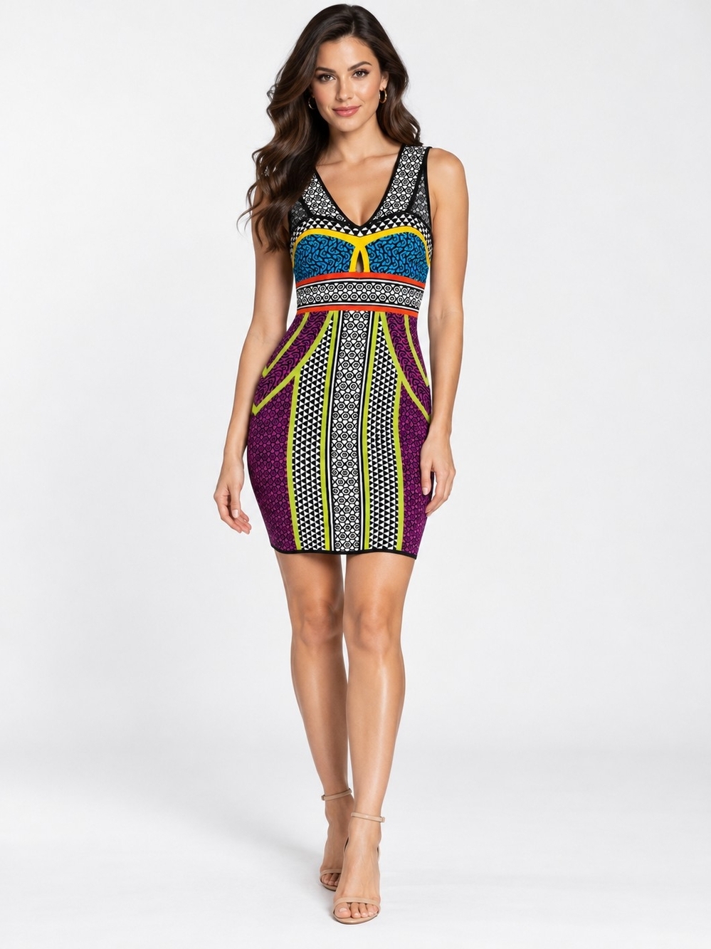 BCBGMAXAZRIA Multicolor Sleeveless V-Neck Bodycon Dress in Purple, Blue & Yellow